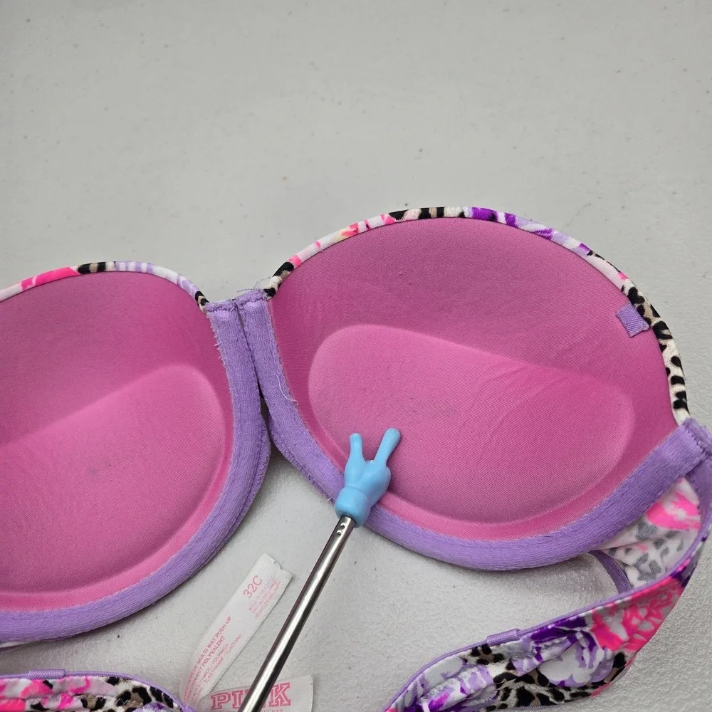 PINK Victoria Secret Women Bra 32C Purple Push Up Floral Animal Print Strapless